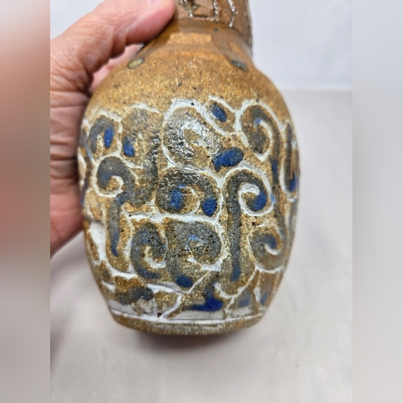 Rustic Pottery Vase Brown & Blue Dripped Glaze Round 7x4 Circumference 12.75 - Picture 8 of 10